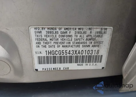 1999 Honda Accord Lx from USA, damaged, VIN 1HGCG5543XA010318